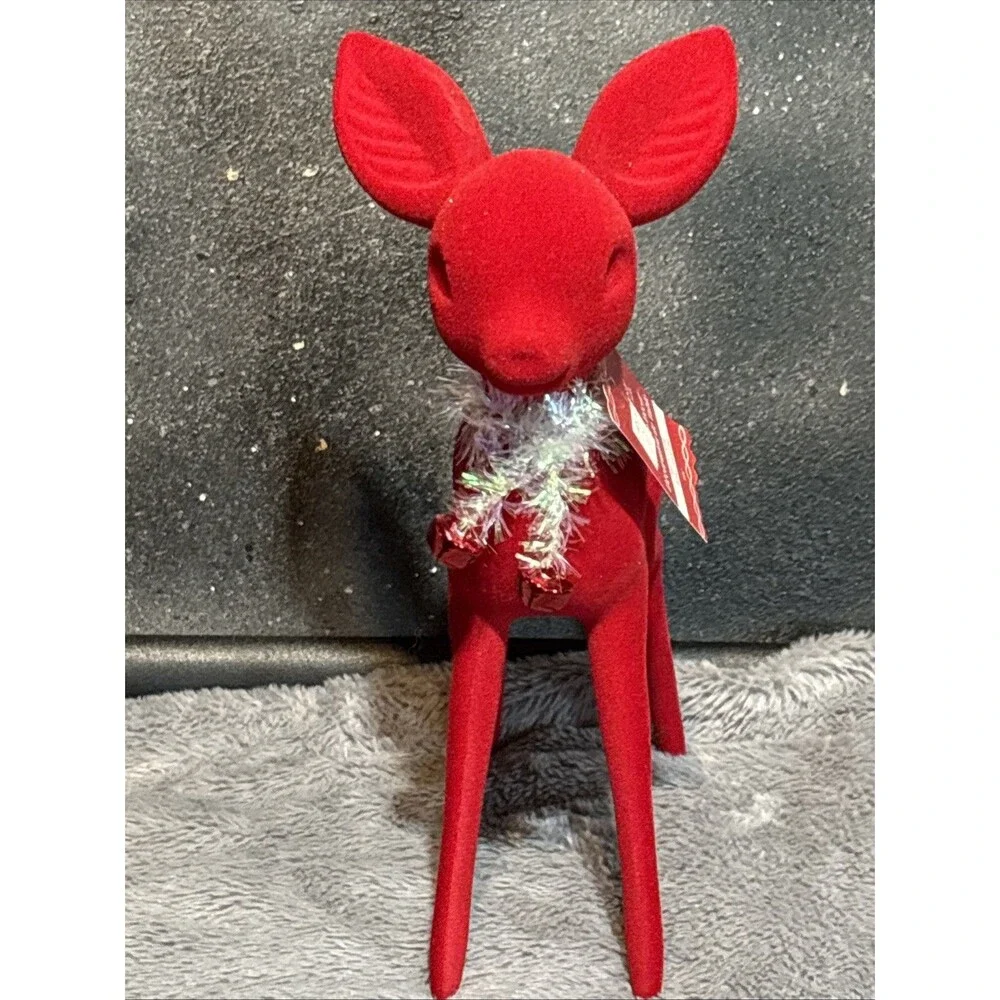 NWT Ashland Red Flocked Tabletop Deer Christmas Holiday 11.5” Velvet Soft Decor